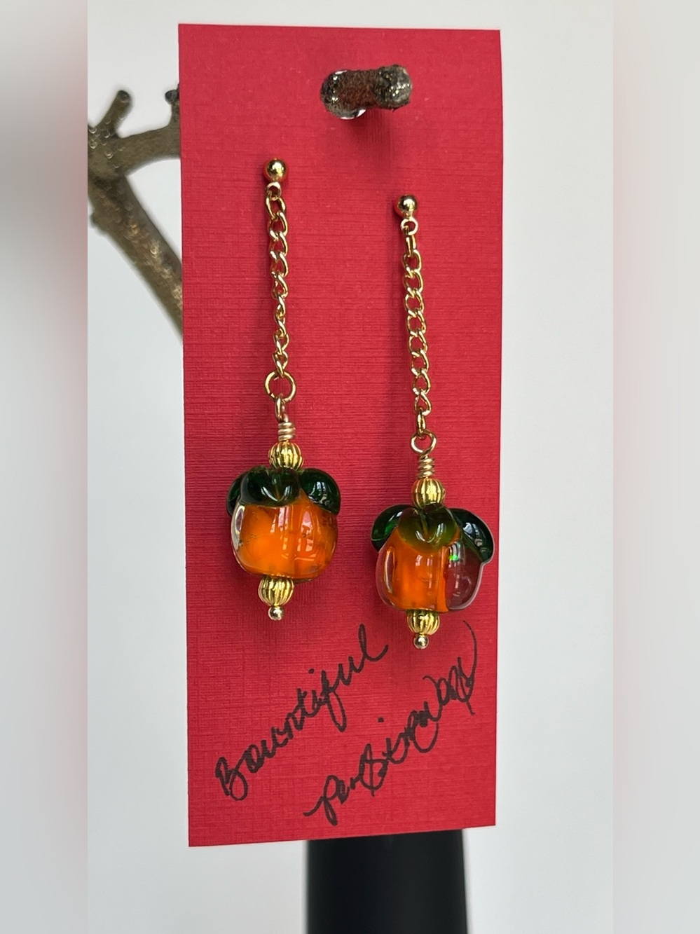 Hand Crafted Gold Chain Drop Earrings with Orange and Green Glass Persimmons
